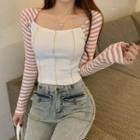 Long-sleeve Striped Panel Top White - One Size