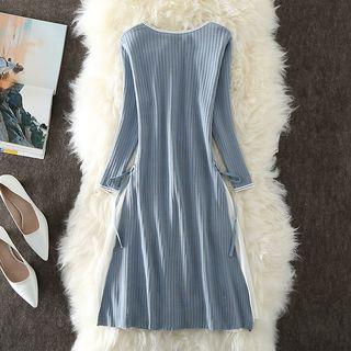 Long-sleeve Ribbed Bow-accent Knit Dress