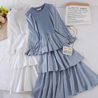 Puff-sleeve Midi A-line Layered Dress