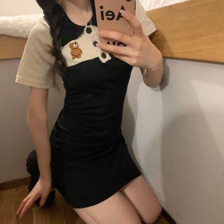 Short-sleeve Bear Embroidered Mini Polo Dress Black - One Size