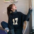 Mock Two-piece Mock-turtleneck Numbering Long-sleeve T-shirt