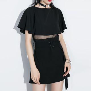 Short-sleeve Mesh Panel Dress With Belt