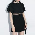 Short-sleeve Mesh Panel Dress With Belt