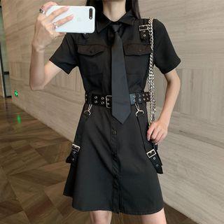 Short-sleeve Tie-neck Mini A-line Dress With Belt