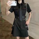 Short-sleeve Tie-neck Mini A-line Dress With Belt