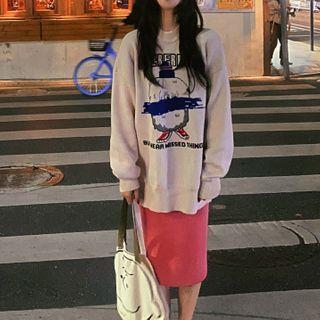 Cartoon Print Pullover / Midi A-line Skirt
