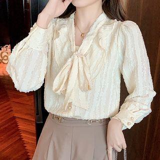 Tie-neck Lace Trim Fringed Blouse