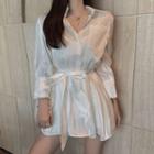 Set: Pocket Detail Shirt + High Waist Hot Pants Set - White - One Size