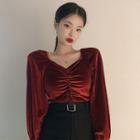 Plain Square-neck Ruffled Velvet Slim-fit Puff-sleeve Blouse