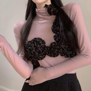 Long-sleeve Ruffle Trim Turtleneck T-shirt Pink - One Size