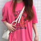 Print Short-sleeve Long T-shirt Rose Pink - One Size