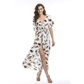 Feather Print Short-sleeve Midi A-line Dress