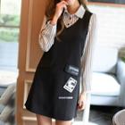 Mock Two Piece Patch Embroidered Striped Panel Long Sleeve Dress