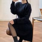 Long-sleeve Cable-knit Mini A-line Dress Black - One Size