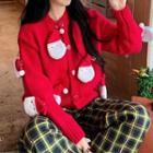 Round Neck Santa Claus Print Plain Cardigan