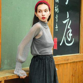 Stand-collar Long-sleeve Mesh Chiffon Blouse
