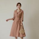 Notched-lapel Cuff-sleeve Dress With Sash