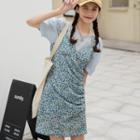 Short-sleeve Blouse / Spaghetti Strap Floral Print Mini Dress