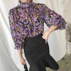 Frill-neck Ruffle-cuff Floral Chiffon Top