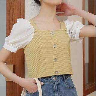 Chiffon Panel Plaid Cropped Blouse Yellow - One Size