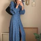 Long-sleeve Buttoned A-line Midi Dress Blue - One Size