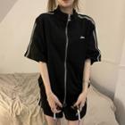 Set: Elbow-sleeve Striped Zip-up Jacket + Shorts