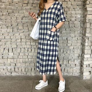 V-neck Plaid Boxy Long Dress