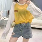 Letter Raglan Knit Top / Frayed Hem Ripped Denim Shorts