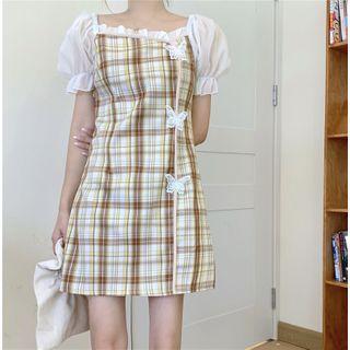 Puff-sleeve Butterfly Applique Plaid Mini Dress