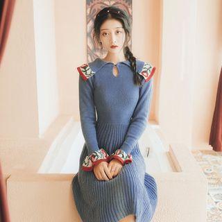 Flower Print Long-sleeve Knit Midi A-line Dress Blue - One Size