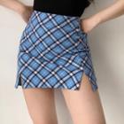 Plaid High-waist Slit A-line Skirt