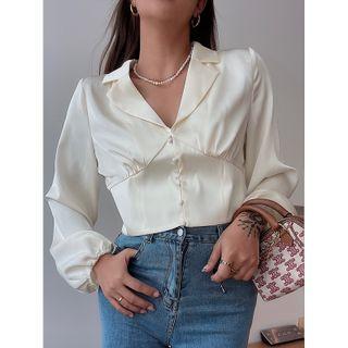 Long Sleeve V-neck Cropped Blouse