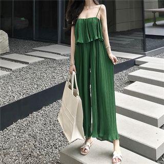 Spaghetti-strap Cold-shoulder Jumpsuit Green - One Size
