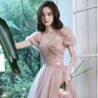 Puff-sleeve Dotted A-line Prom Dress