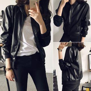 Faux Leather Zip-up Jacket Black - One Size