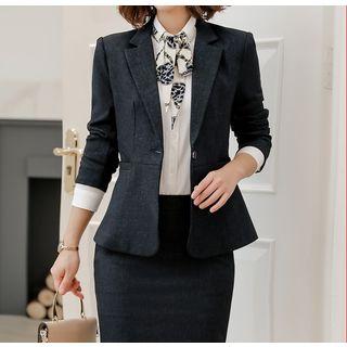 Plain Single-button Blazer / Tie-neck Shirt / Dress Pants / High-waist Mini Pencil Skirt / Set