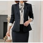 Plain Single-button Blazer / Tie-neck Shirt / Dress Pants / High-waist Mini Pencil Skirt / Set