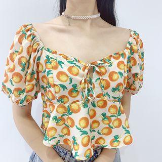 Short-sleeve Orange Print Blouse