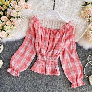 Off-shoulder Plaid Puff Long-sleeve Shirt