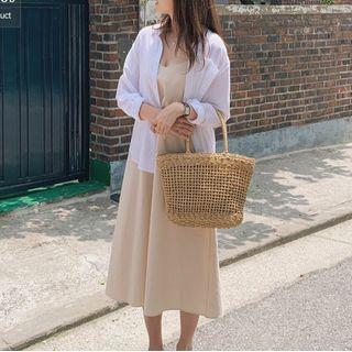 Plain Long-sleeve Shirt / Spaghetti Strap Midi A-line Dress
