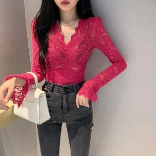 Long-sleeve V-neck Perforated Lace Top