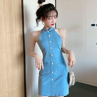 Halter-neck Button Mini Sheath Denim Dress