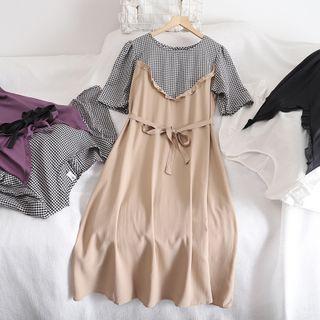 Tie-waist Gingham Panel Mock Two Piece Dress