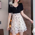 Short Sleeve Square Neck Dotted Panel A-line Dress