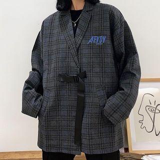 Buckle Strap Plaid Blazer