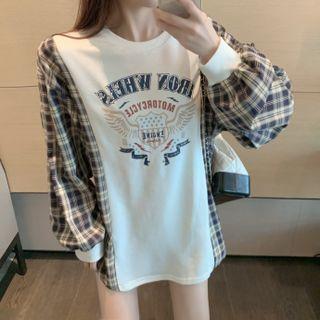 Lettering Print Plaid Trim Sweatshirt