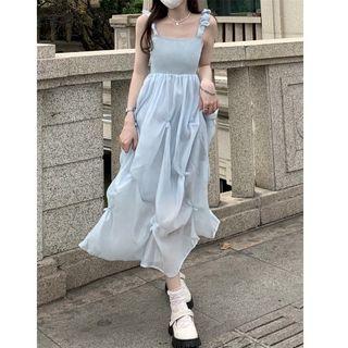 Spaghetti-strap Mesh Panel Midi A-line Dress Light Blue - One Size