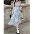 Spaghetti-strap Mesh Panel Midi A-line Dress Light Blue - One Size