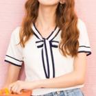 Contrast Trim Bow Accent Short Sleeve Knit T-shirt