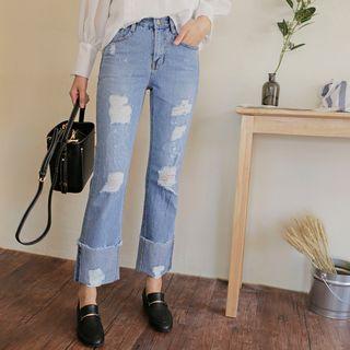 Cuff-hem Distressed Boot-cut Jeans